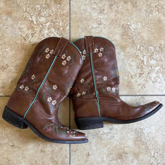 Brown leather cowboy boots with floral embroidery and turquoise inner lining - Picture 1 of 8